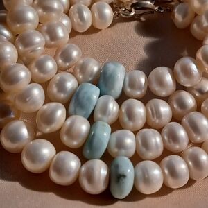 925 Freshwater Pearl  And Natural Larimar Bracelet